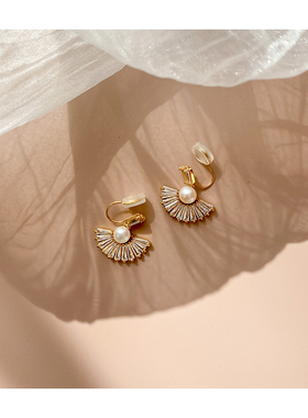 【W Dear】超仙锆石扇子耳夹无耳洞女法式气质蚊香盘百搭耳饰