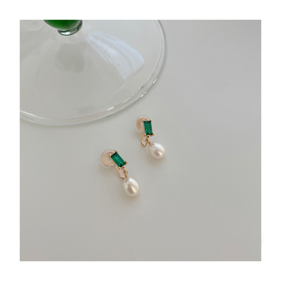 复古祖母绿天然淡水珍珠纯银耳钉耳夹女无耳洞小众简约蚊香盘耳饰