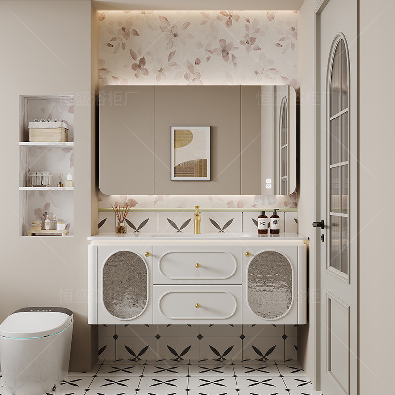 奶油风橡木烤漆浴室柜白法式卫生间陶瓷一体盆组合洗手脸池洗漱台,家装主材,浴室柜组合,淘宝优惠券,粉丝福利购,淘宝优惠卷