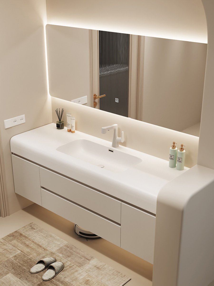 肤感可丽耐一体盆浴室柜奶油风卫生间卫浴洗漱台厕所洗手盆柜组合