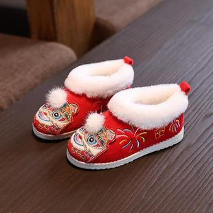 冬款男女童汉服鞋子宝宝棉鞋保暖加绒绣花鞋儿童虎头鞋古风拜年鞋