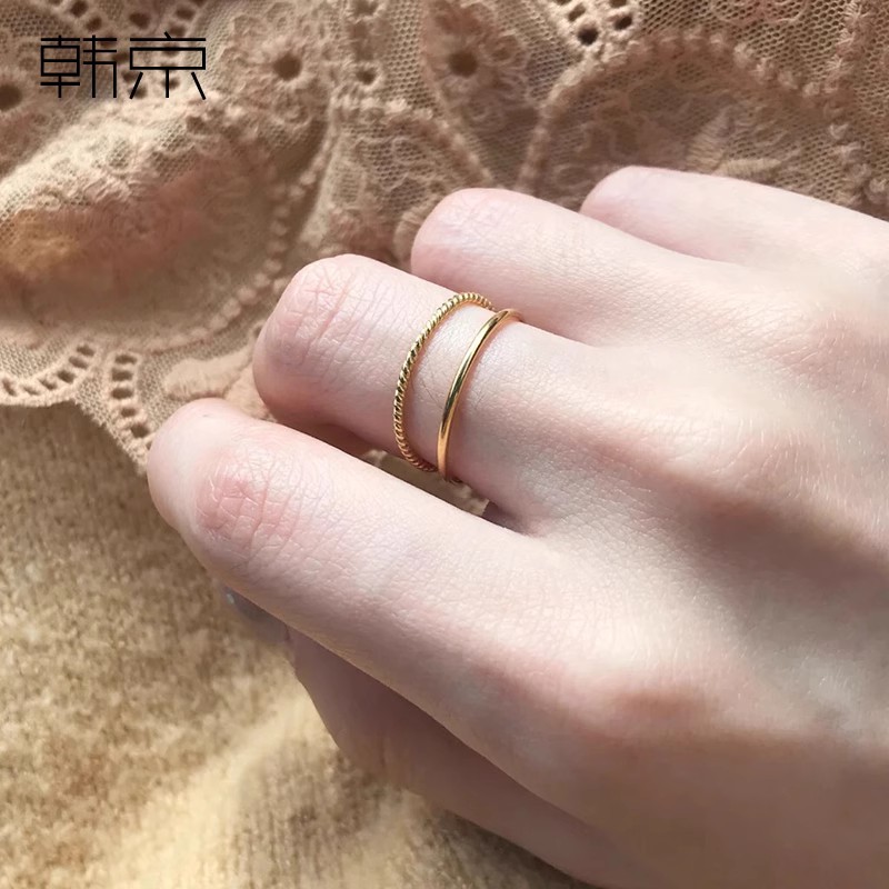 钛钢 韩国简约素圈双环麻花戒指女气质叠搭个性指环食指戒