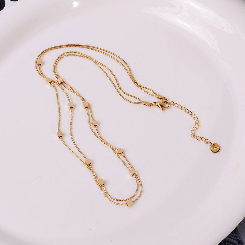 钛钢 双层蛇骨链小方糖项链女时尚百搭高级感锁骨链配饰