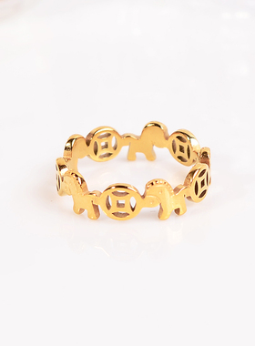 钛钢戒指 马上有钱木马铜钱戒指女马年本命年指环不褪色轻奢饰品