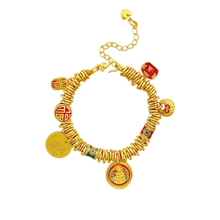 铜合金手链 手饰 锤纹腰缠万贯手工盘缠手链女烧蓝珐琅手串新中式