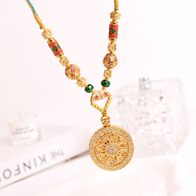 铜合金项链 新中式高端手工编绳八宝罗盘项链女烧蓝长款轻奢配饰