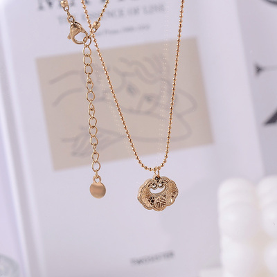 钛钢项链 哑光平安长命锁福字项链女传承经典锁骨链不褪色首饰品