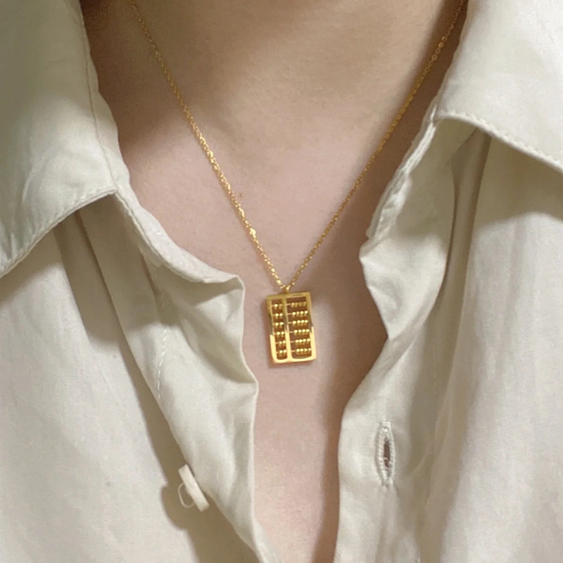钛钢 幸运小圆珠算盘方形项链女小众气质简约设计感锁骨链饰品图片
