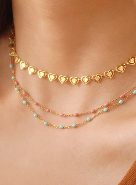 钛钢项链 彩色滴釉珠珠项链女简约高级百搭ins精致轻奢叠戴锁骨链