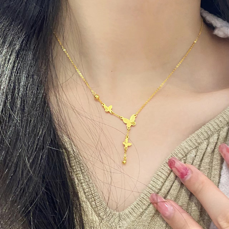 钛钢 蝴蝶流苏项链女ins简约锁骨链轻奢毛衣链配饰品