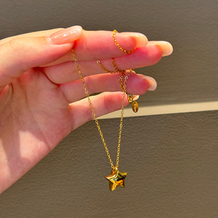 钛钢项链 金色立体五角星项链女小星星吊坠锁骨链时尚轻奢饰品