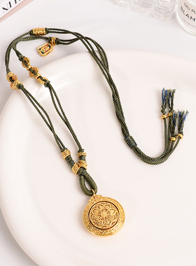 铜合金项链 新中式绿色绳子八宝罗盘项链女长款盘缠国风衣服配饰