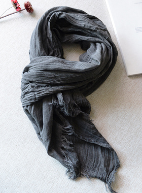 男士亚麻围巾百搭文艺个性薄款毛边围巾深灰色棉麻围巾男年轻人潮