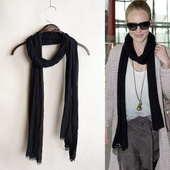 饰护颈长条丝巾纯色 装 春秋男女黑色细长款 棉麻围巾女秋冬百搭薄款