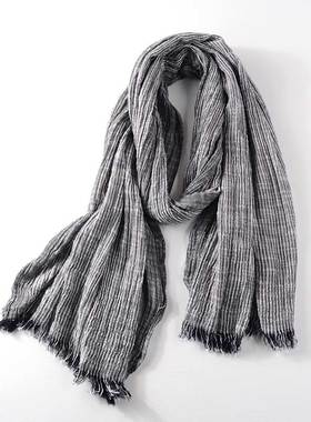 秋冬男士围巾休闲条纹个性日系深灰色围巾百搭保暖