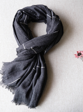 【素色】深灰色男士棉麻围巾大格子文艺百搭学生年轻人机理全棉男