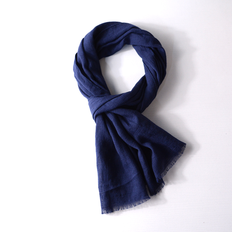 1.4米长深蓝色围巾男女小尺寸窄小薄款长方形百搭棉麻休闲文艺围