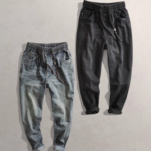 2025秋新男装显瘦弹力7558复古小脚老爹裤CG休闲松紧系带牛仔裤