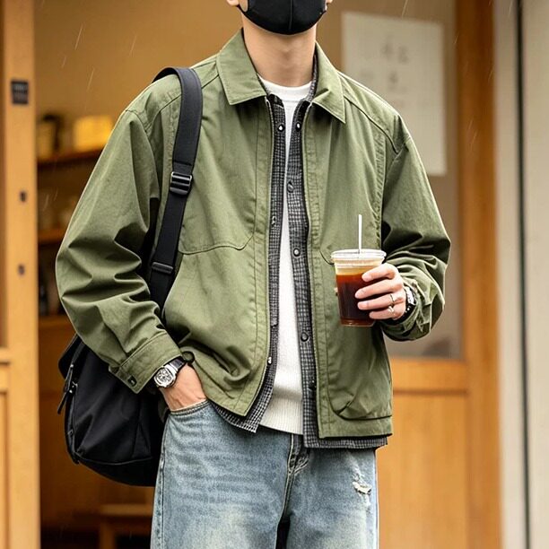 美式复古工装夹克男春秋绿色宽松