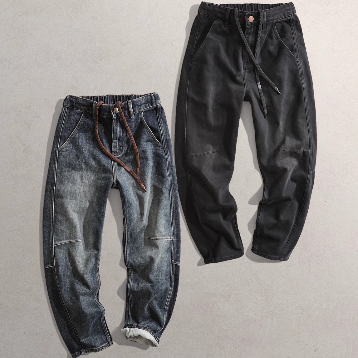 2025秋冬新男装SL弯刀型香蕉裤8978宽松阔版底抓毛薄绒厚牛仔裤