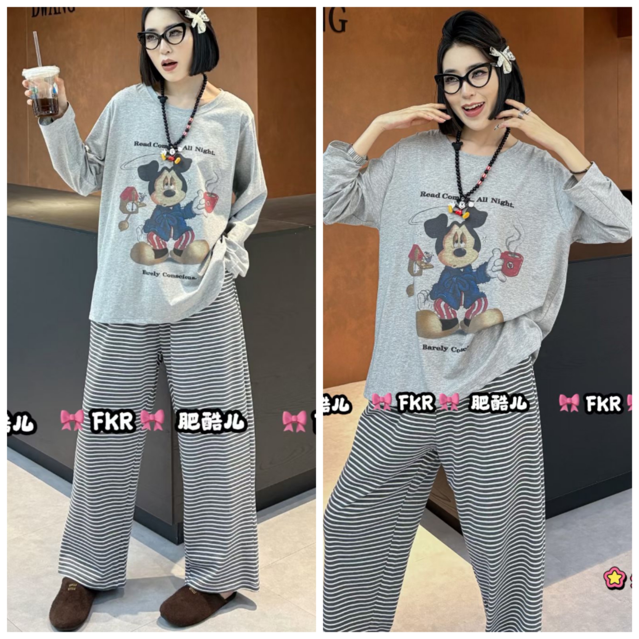 2025秋冬新款大码纯棉卡通印花韩版宽松家居服套装加肥舒适睡衣女