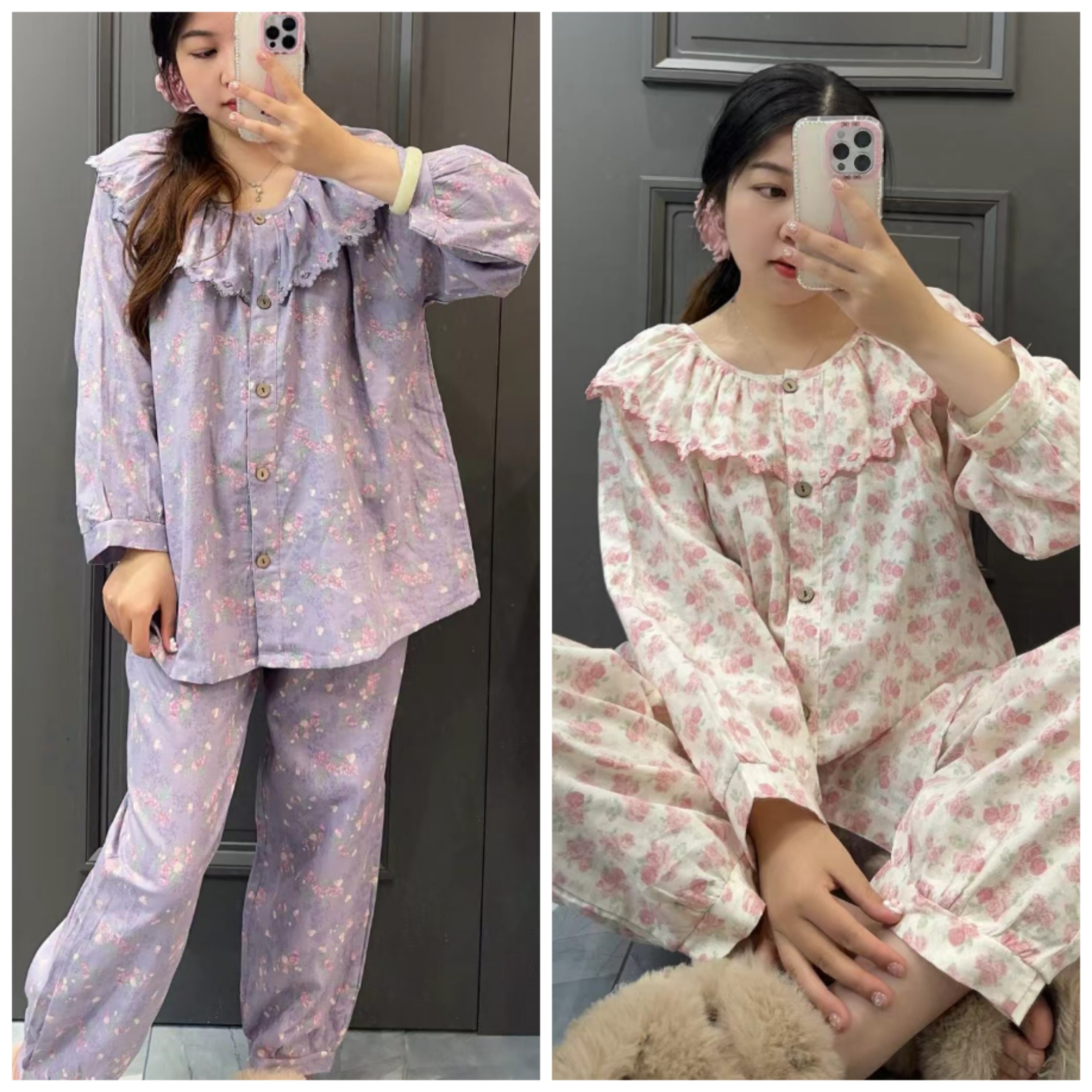 2025秋冬新款棉布碎花减龄可爱家居服套装加肥加大娃娃领韩版睡衣