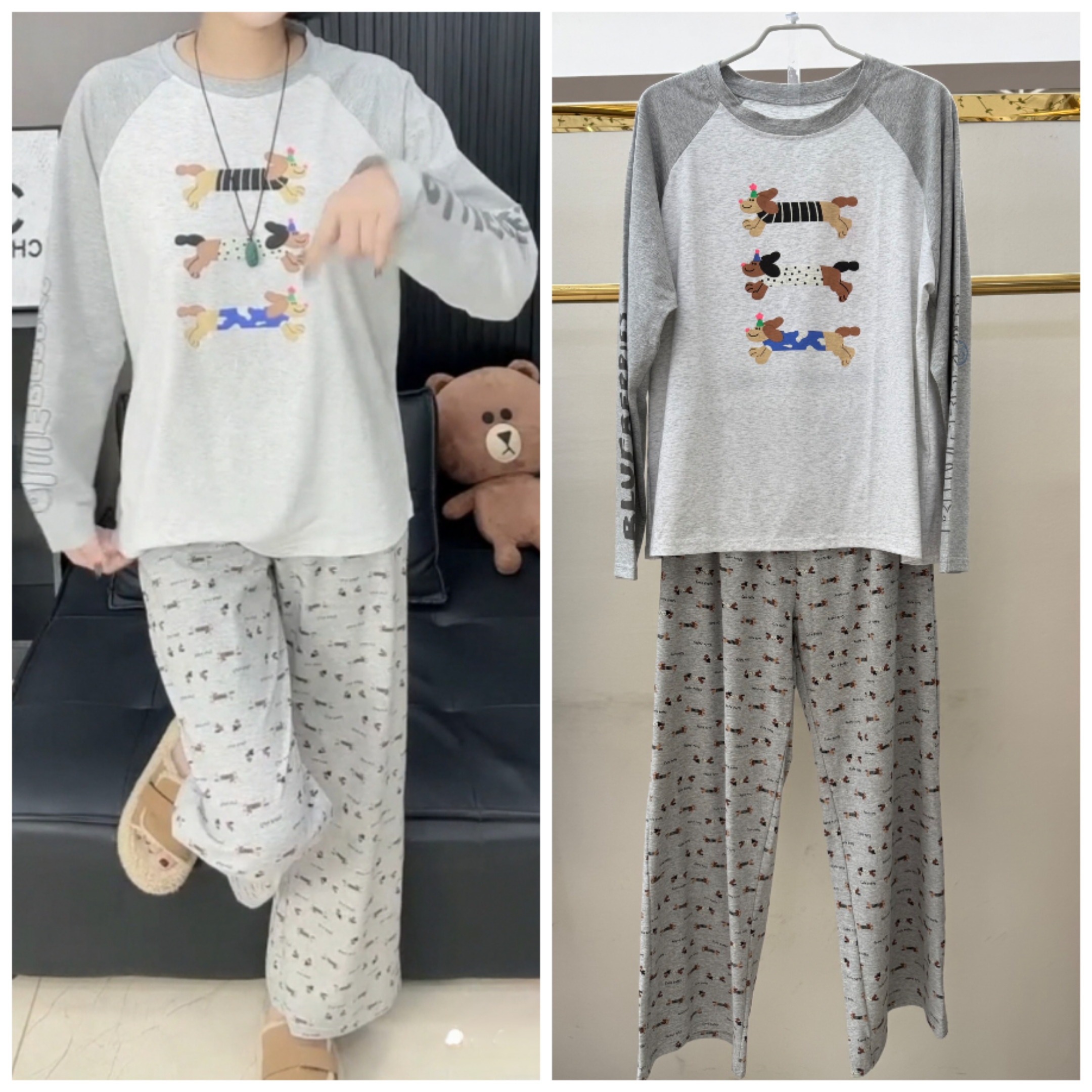 2025秋冬新款大码纯棉小狗印花韩版时尚家居服套装加肥舒适睡衣女