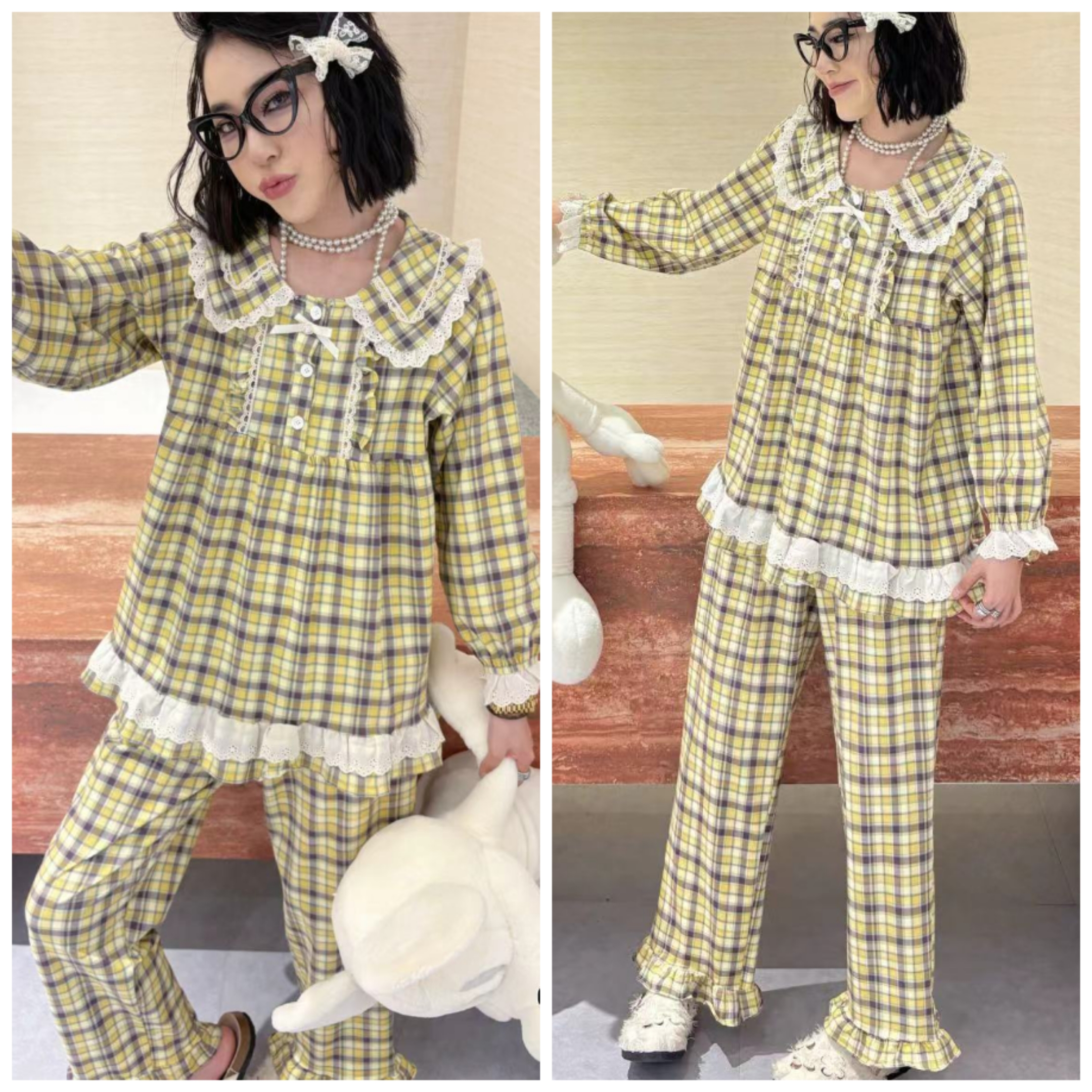 2025秋冬新款大码纯棉线韩版娃娃领可爱家居服套装加肥舒适睡衣女