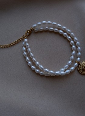 [游七月]原创设计天然珍珠手链小米珠双层钛钢爱心吊坠高品质精致