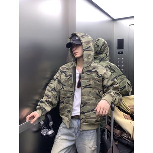 PLTH*迷彩连帽卫衣外套男美式慵懒chic宽松开衫休闲秋季短款上衣