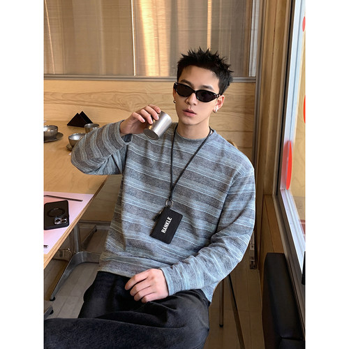 PLTH*重磅美式复古条纹长袖T恤春款宽松街头风男女同款休闲上衣潮