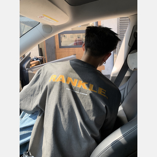 T恤男原创字母印花宽松半袖 重磅水洗做旧破洞小领口短袖 美式 PLTH