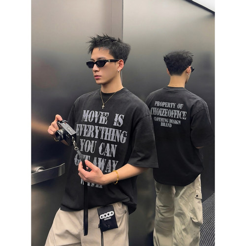 PLTH*美式复古水洗做旧字母印花短袖T恤男女宽松高街潮牌半袖上衣