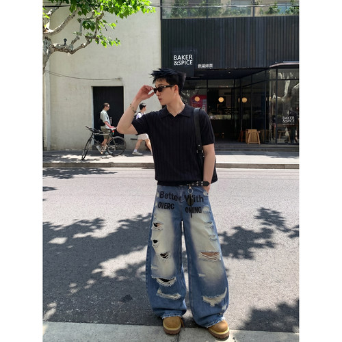 PLTH*美式高街字母印花破洞牛仔裤男渐变水洗宽松百搭阔腿拖地裤
