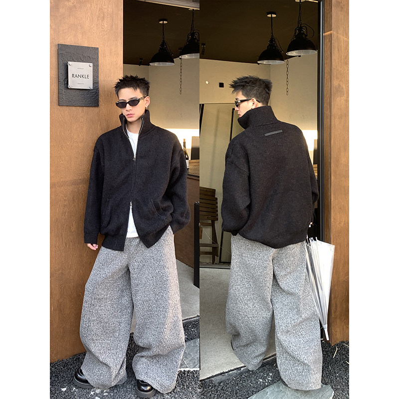 PLTH*重磅立领针织加厚宽松棉服开衫外套冬季保暖简约ins夹棉上衣