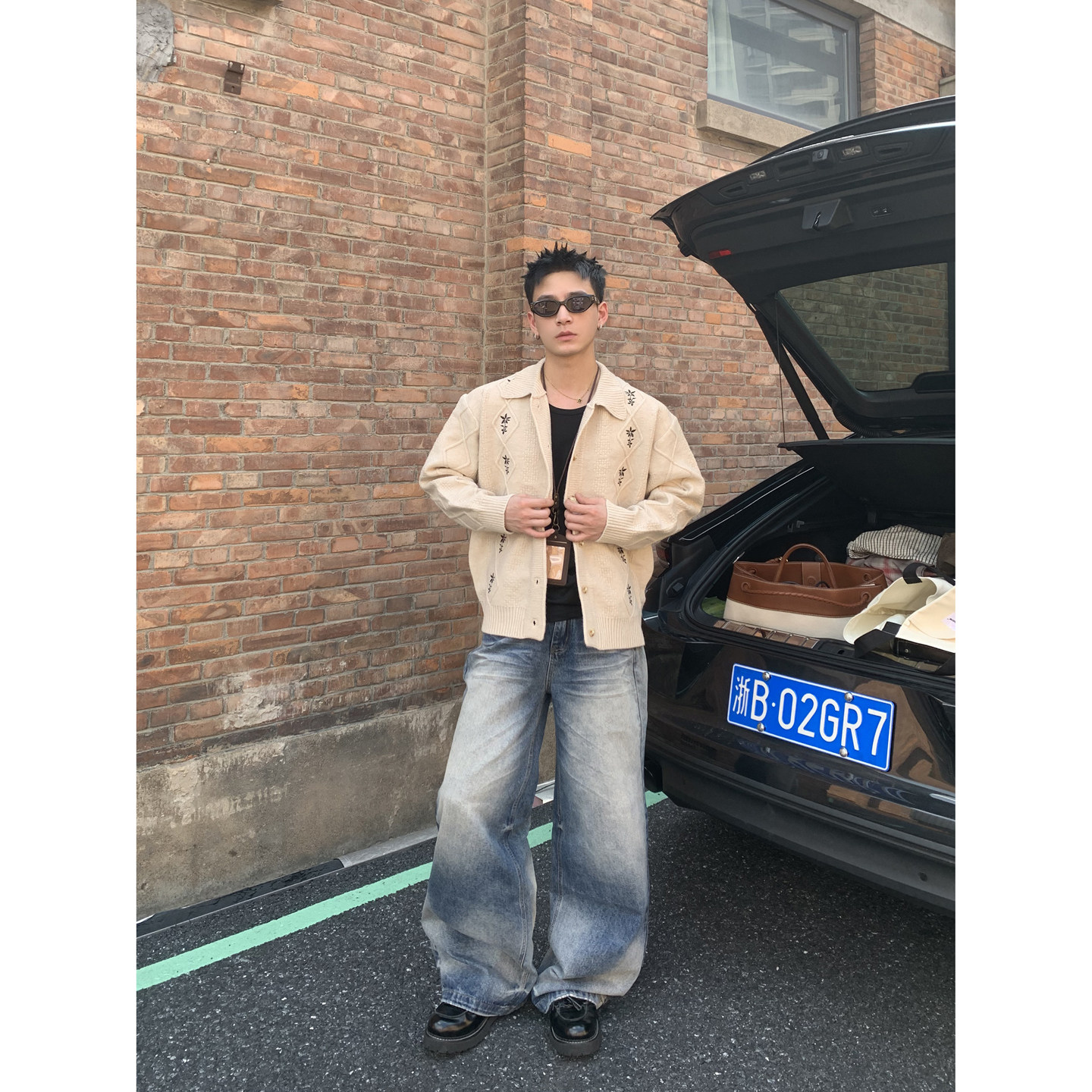 PLTH*美式复古菱格翻领针织衫男刺绣纽扣开衫老钱松弛感毛衣外套