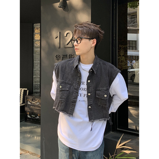 搭配神器牛仔流苏背心夹克增加层次感上衣男 ins爆火短款 夏季 韩版