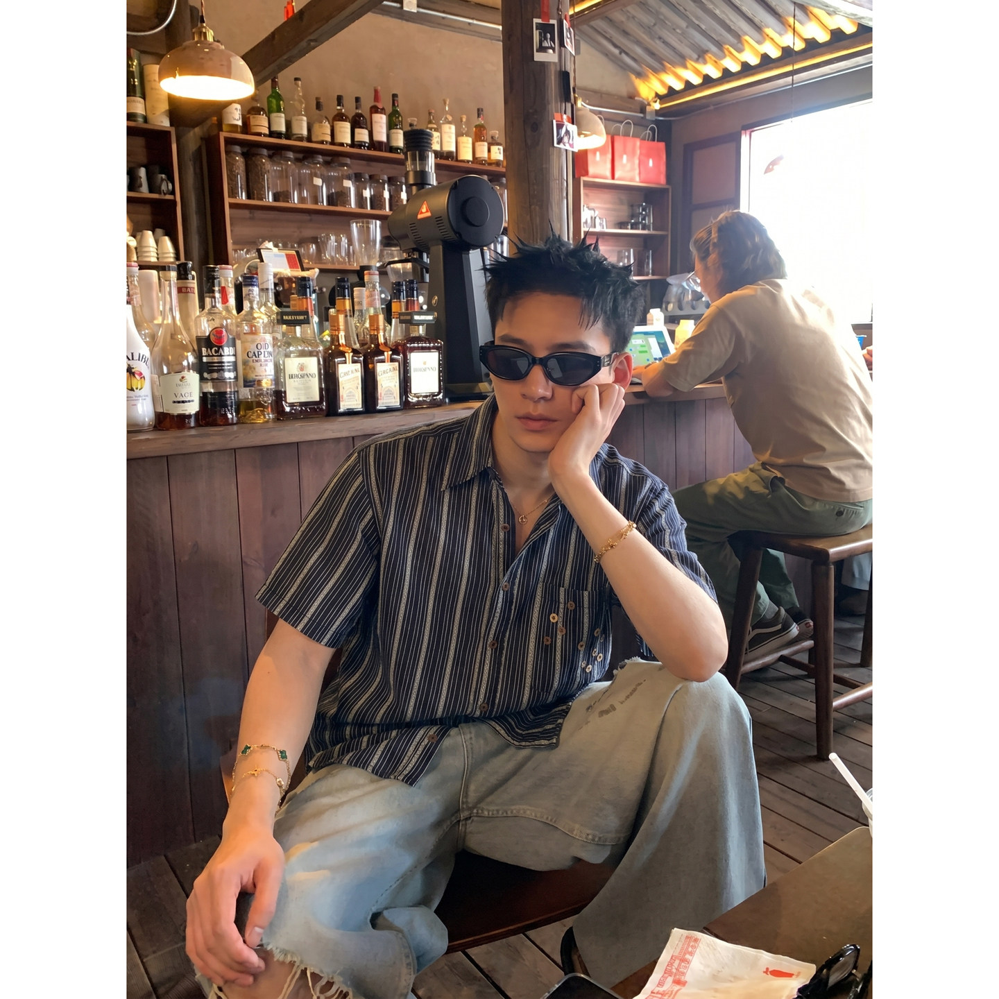 PLTH*港风复古条纹短袖衬衫男夏宽松休闲百搭小众设计感慵懒上衣