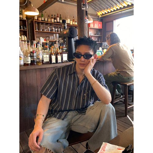 PLTH*港风复古条纹短袖衬衫男夏宽松休闲百搭小众设计感慵懒上衣