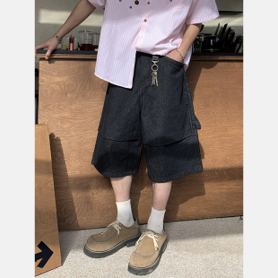 男水洗复古褶皱设计感阔腿牛仔裤 简约宽松直筒七分裤 潮 美式 PLTH