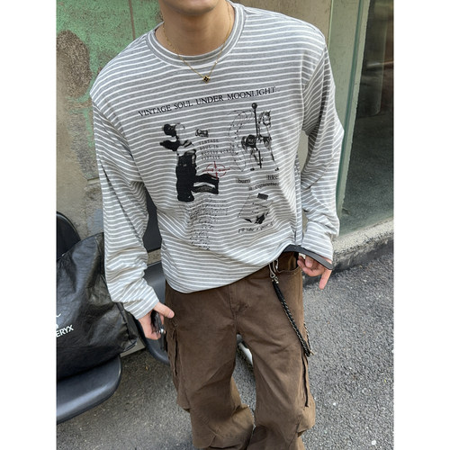 PLTH*vintage复古条纹长袖上衣男西部牛仔印花宽松圆领长袖T恤潮