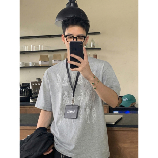 男女同款 艺术感手绘线条印花T恤宽松纯棉短袖 设计感上衣 夏季 PLTH