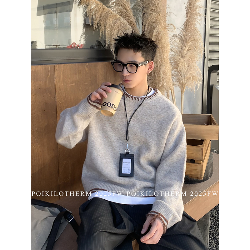 PLTH*美式复古手工撞色缝线毛绒圆领针织衫男秋冬老钱风短款毛衣