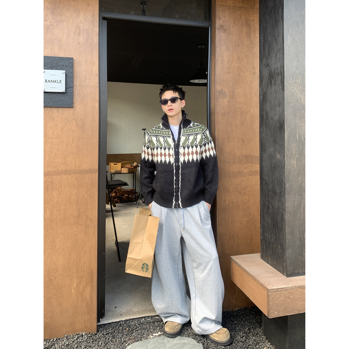 PLTH*美式复古费尔岛提花拉链毛衣男秋季宽松慵懒风针织开衫外套