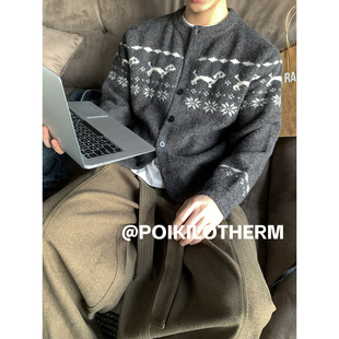 PLTH复古费尔岛提花毛衣男腊肠狗雪花图案圆领宽松单排扣针织开衫