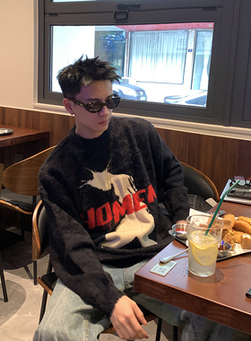 PLTH*水貂毛针织衫男秋冬复古人像字母小众设计感宽松慵懒风毛衣