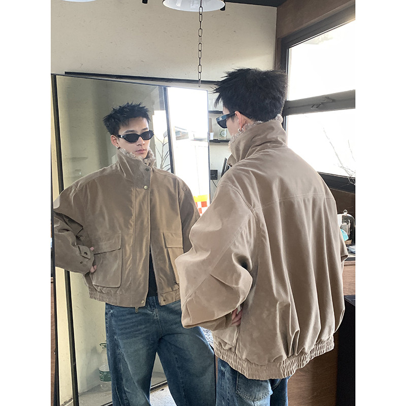 PLTH*美拉德复古防风保暖加厚毛领90白鸭绒短款羽绒服麂皮外套