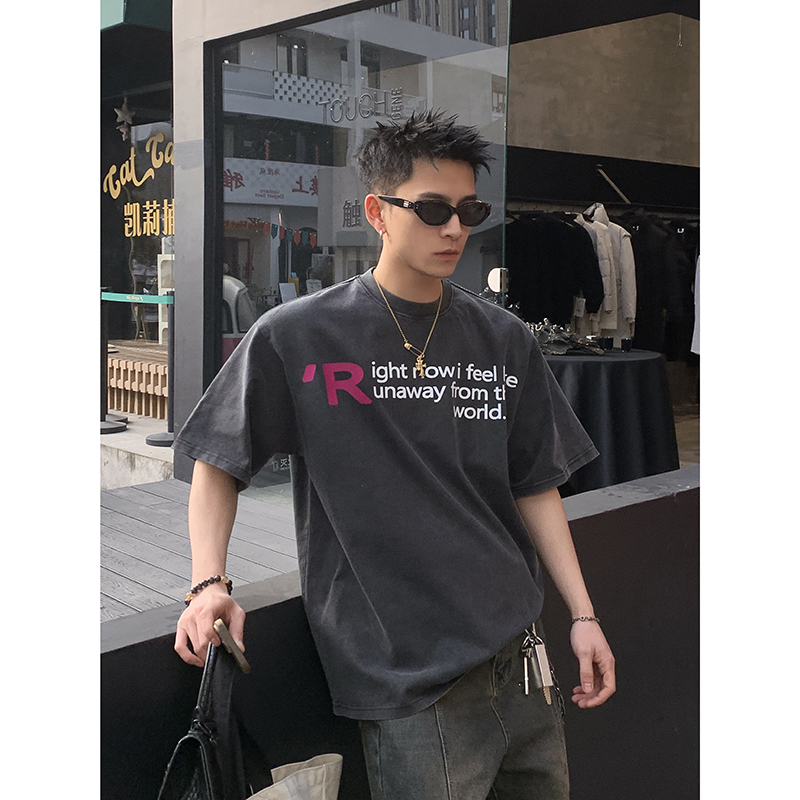 PLTH*美式复古水洗T恤男夏季新款逃离世界印花宽松纯棉情侣上衣潮