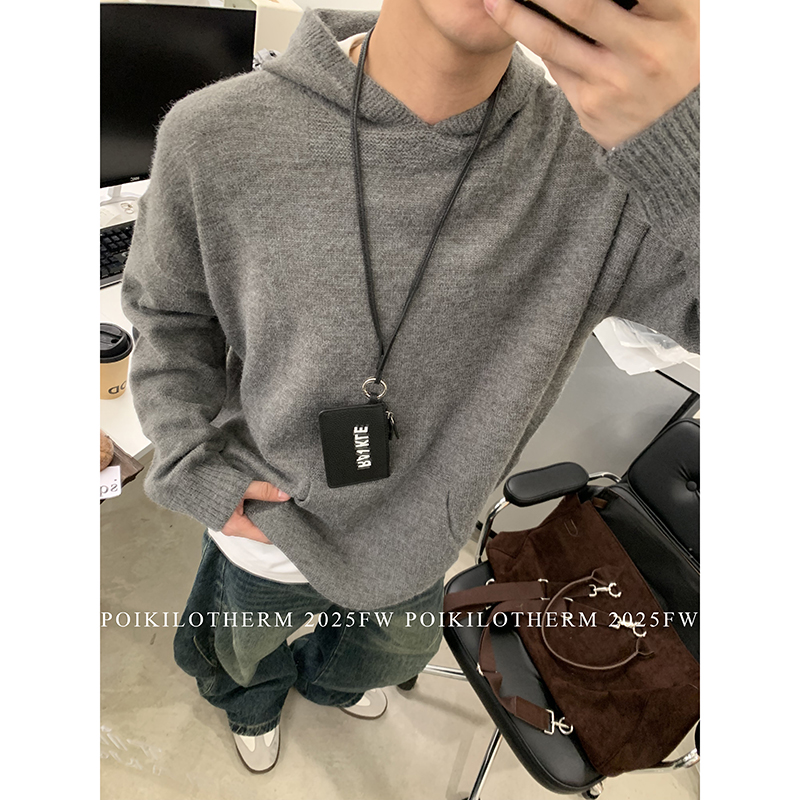 PLTH*美式复古灰色针织衫连帽卫衣男高级感慵懒风cleanfit毛衣