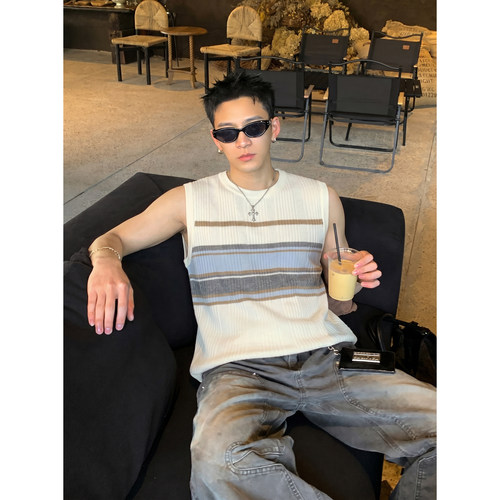 PLTH*韩系撞色条纹针织背心男夏季潮牌宽松休闲无袖坑纹坎肩上衣